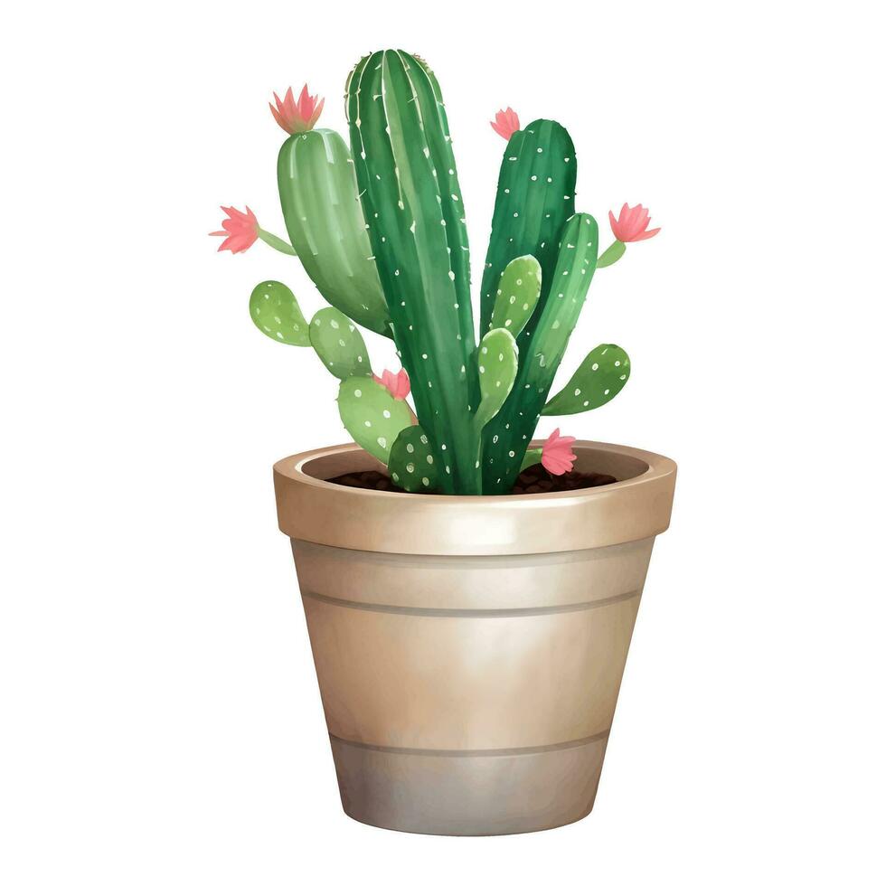 cactus met bloemen in een fabriek pot geïsoleerd gedetailleerd hand- getrokken schilderij illustratie vector