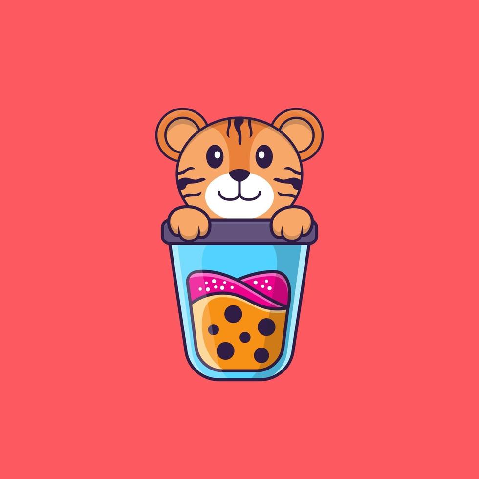 schattige tijger die boba-melkthee drinkt. dierlijk beeldverhaalconcept geïsoleerd. kan worden gebruikt voor t-shirt, wenskaart, uitnodigingskaart of mascotte. platte cartoonstijl vector