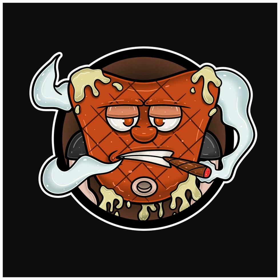 mascotte tekenfilm van vlees steak met roken. cirkel logo. vector
