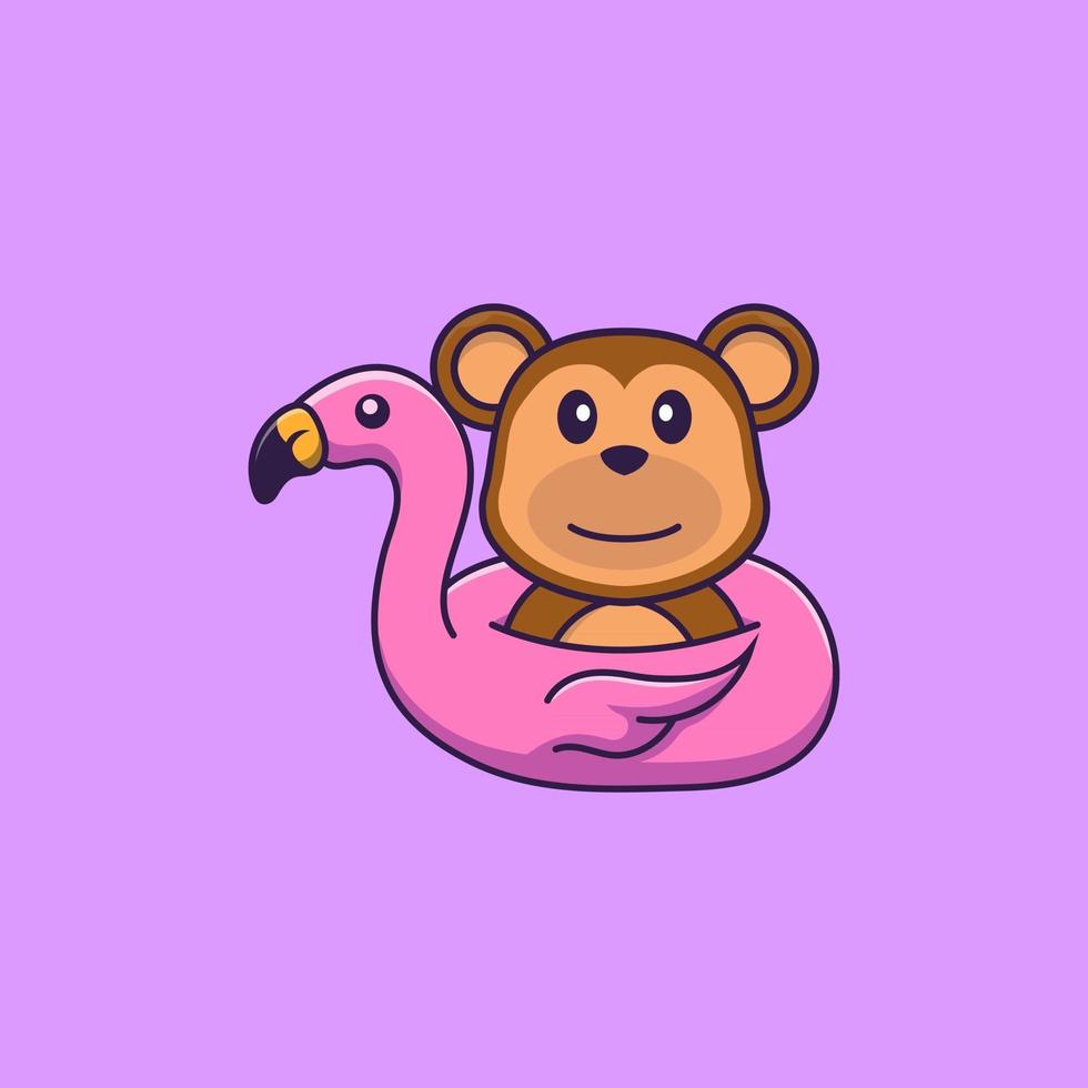 schattige aap met flamingo boei. dierlijk beeldverhaalconcept geïsoleerd. kan worden gebruikt voor t-shirt, wenskaart, uitnodigingskaart of mascotte. platte cartoonstijl vector