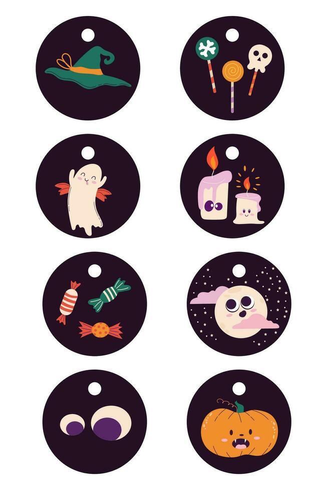 schattig geschenk tags voor halloween feest. kleurrijk mascotte vector ontwerp Aan donker achtergrond.