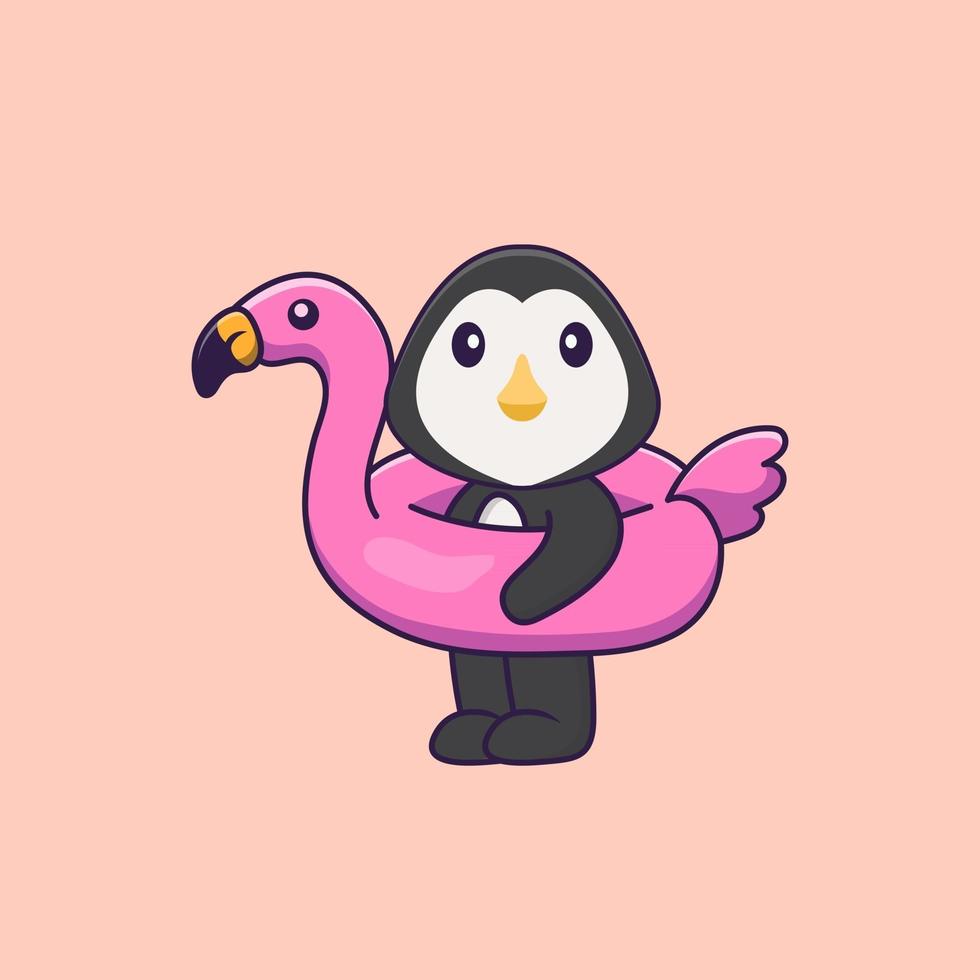 schattige pinguïn met flamingoboei. dierlijk beeldverhaalconcept geïsoleerd. kan worden gebruikt voor t-shirt, wenskaart, uitnodigingskaart of mascotte. platte cartoonstijl vector