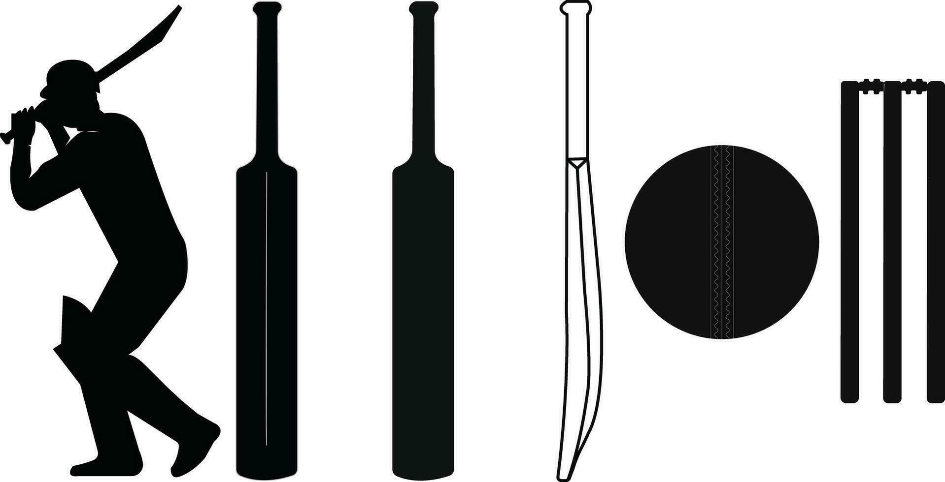 krekel knuppel, Mens spelen krekel, krekel uitrusting - sport pictogrammen set. wicket, de bal voor de spel van krekel vector