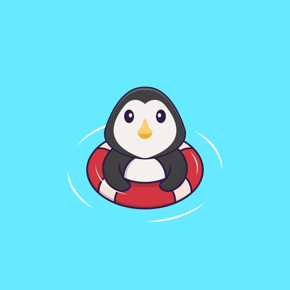 schattige pinguïn zwemt met een boei. dierlijk beeldverhaalconcept geïsoleerd. kan worden gebruikt voor t-shirt, wenskaart, uitnodigingskaart of mascotte. platte cartoonstijl vector