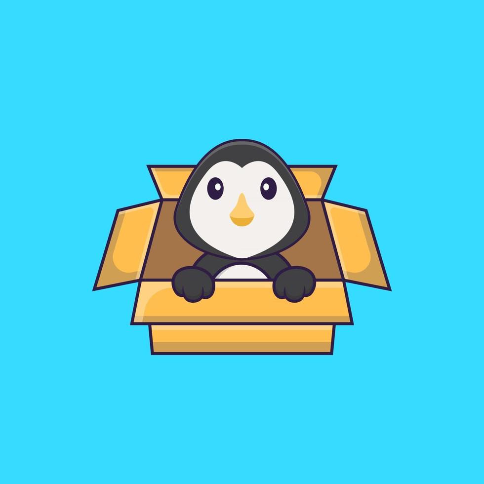 schattige pinguïn spelen in doos. dierlijk beeldverhaalconcept geïsoleerd. kan worden gebruikt voor t-shirt, wenskaart, uitnodigingskaart of mascotte. platte cartoonstijl vector