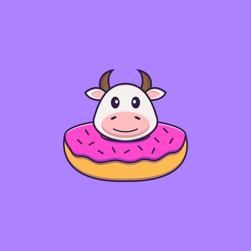 schattige koe met een donut op zijn nek. dierlijk beeldverhaalconcept geïsoleerd. kan worden gebruikt voor t-shirt, wenskaart, uitnodigingskaart of mascotte. platte cartoonstijl vector