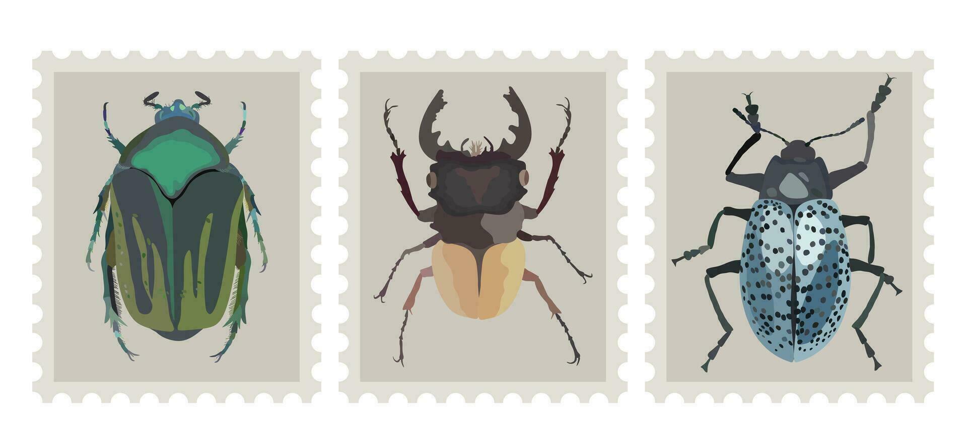 post- postzegel reeks met bugs. drie postzegels met divers kevers. vector geïsoleerd illustratie. filatelistisch concept