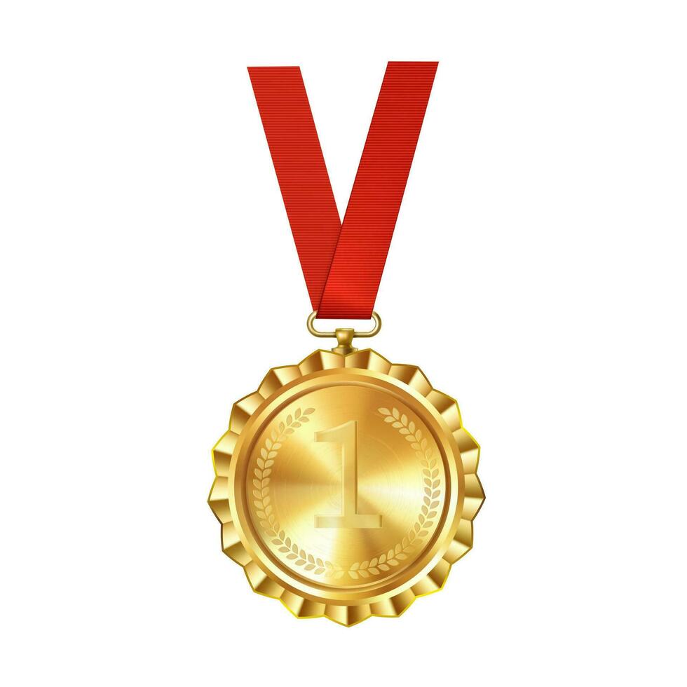 realistisch gouden medaille Aan rood lint met gegraveerde aantal een. sport- wedstrijd prijzen voor eerste plaats. kampioenschap beloning voor prestaties en zege. vector