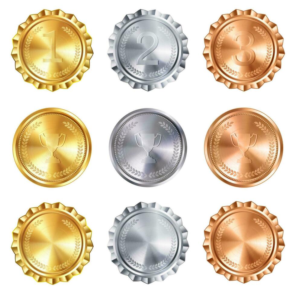 realistisch vector reeks van 3d gouden, zilver, en bronzen winnaar abstract badges met laurier kransen. glimmend trofee prijs ontwerp in cirkel vorm verzameling voor kampioenen en uitstekend prestaties.