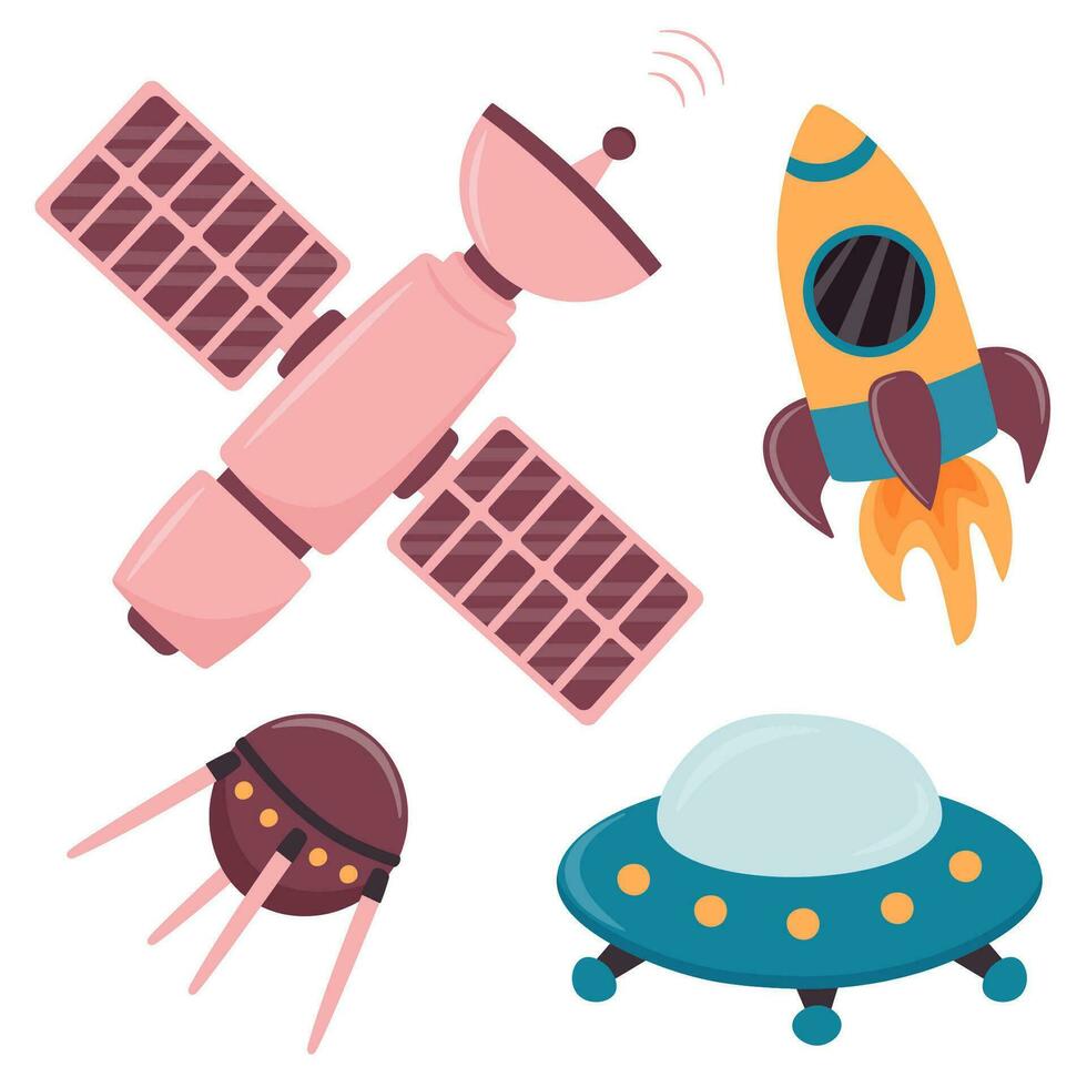 een reeks van illustraties met een ruimte station, satelliet, raket en ruimteschip. vector