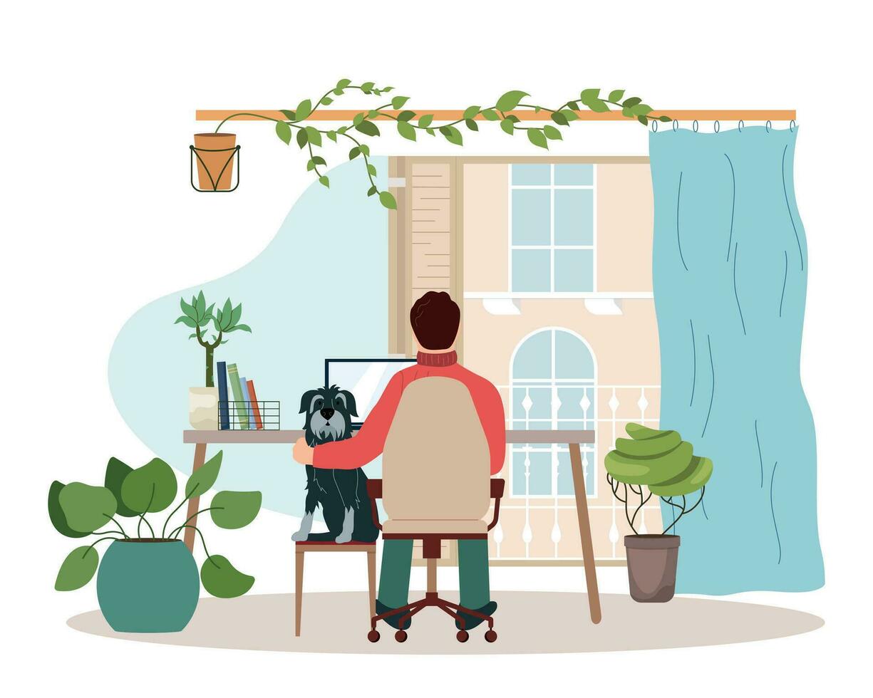 huis samenstelling met Mens hond en planten vector