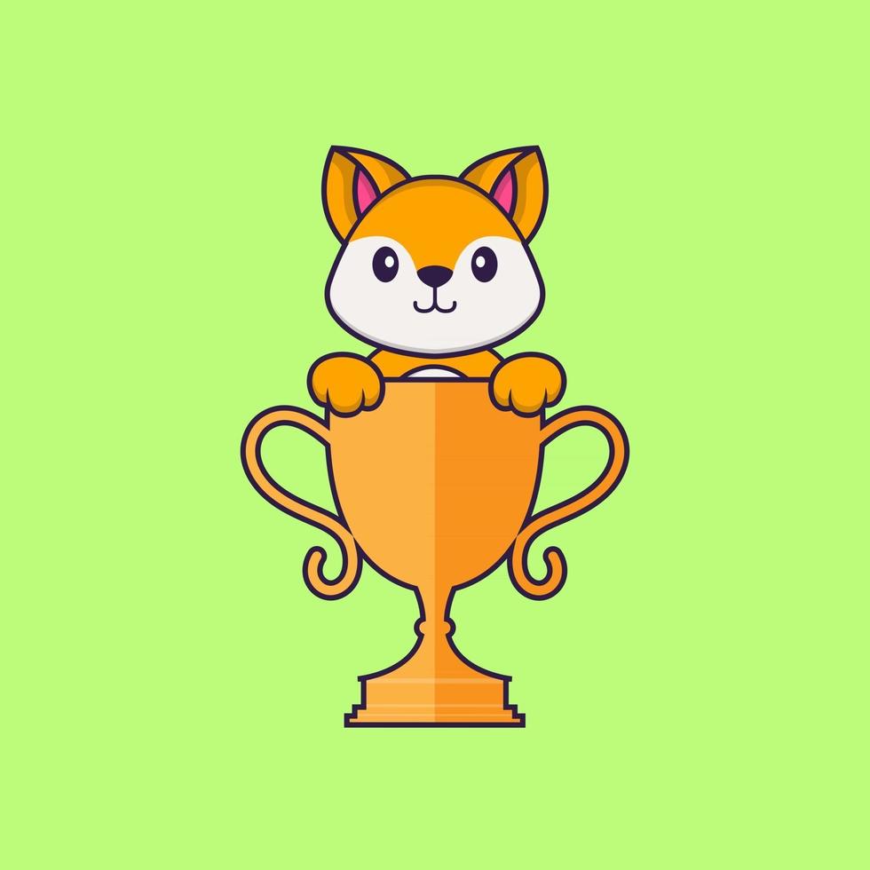 schattige vos met gouden trofee. dierlijk beeldverhaalconcept geïsoleerd. kan worden gebruikt voor t-shirt, wenskaart, uitnodigingskaart of mascotte. platte cartoonstijl vector