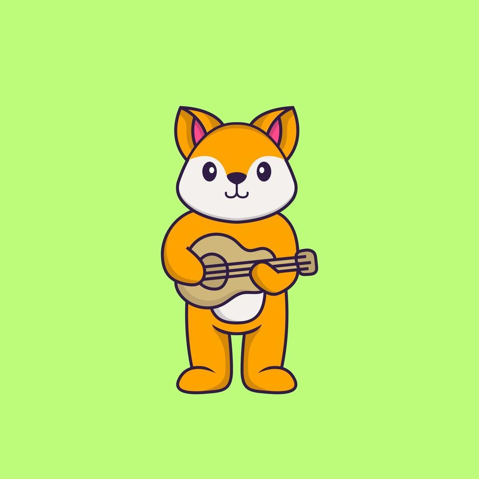 schattige vos gitaar spelen. dierlijk beeldverhaalconcept geïsoleerd. kan worden gebruikt voor t-shirt, wenskaart, uitnodigingskaart of mascotte. platte cartoonstijl vector
