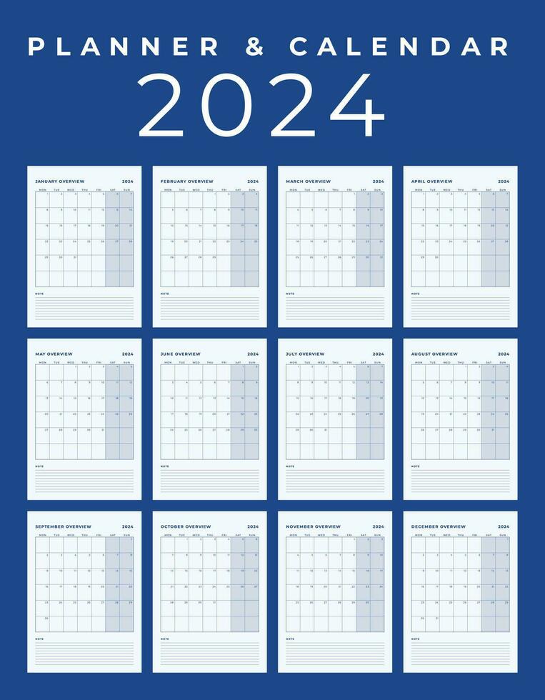 kalender 2024, minimaal tafel ontwerp, week begin zondag sjabloon. vector