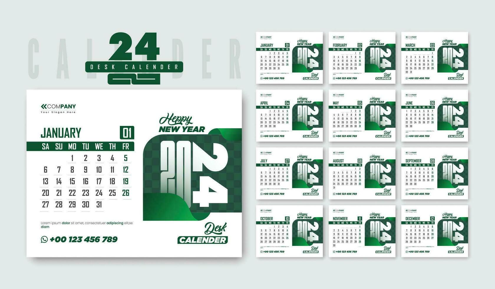 2024 modern bureau kalender ontwerp met groen kleur. 2024 het beste zakelijke nieuw kalender ontwerp sjabloon. 12 maand datum reeks vector