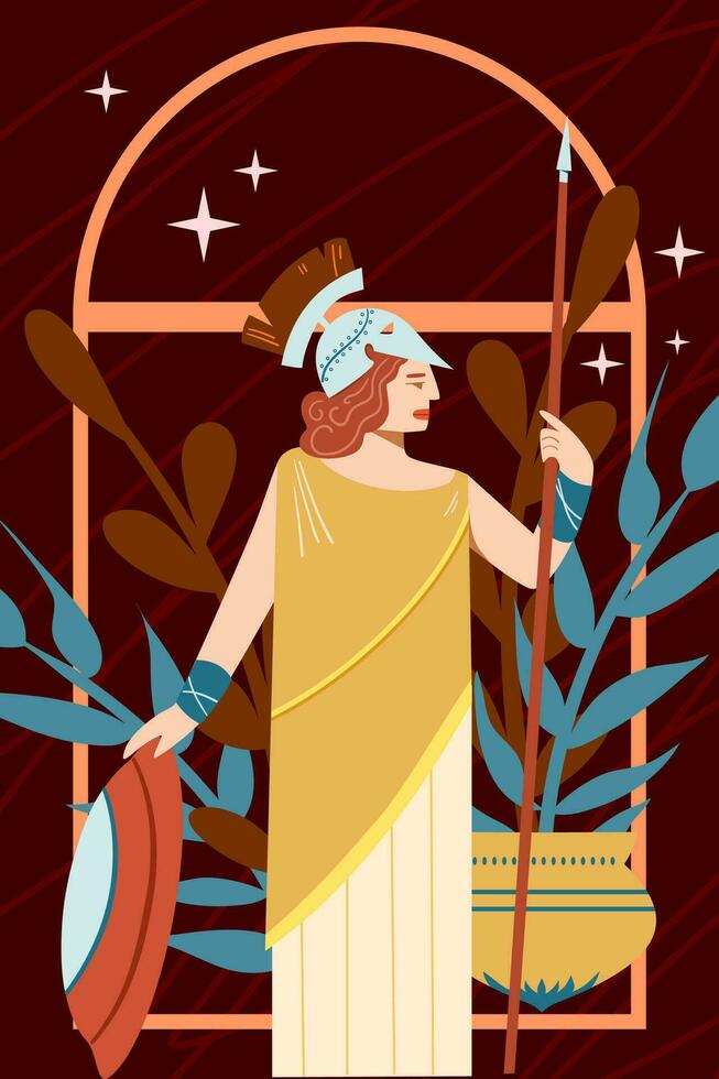 illustratie van Athene. oude Griekenland en mythologie. een vrouw met een speer en een schild. vector