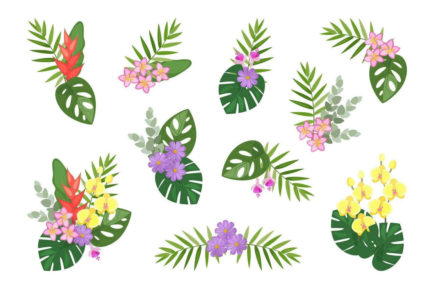 tropisch reeks van hand- getrokken bloemen regeling. vector botanisch illustratie. indelingen voor de ontwerp van groet kaarten en uitnodigingen.