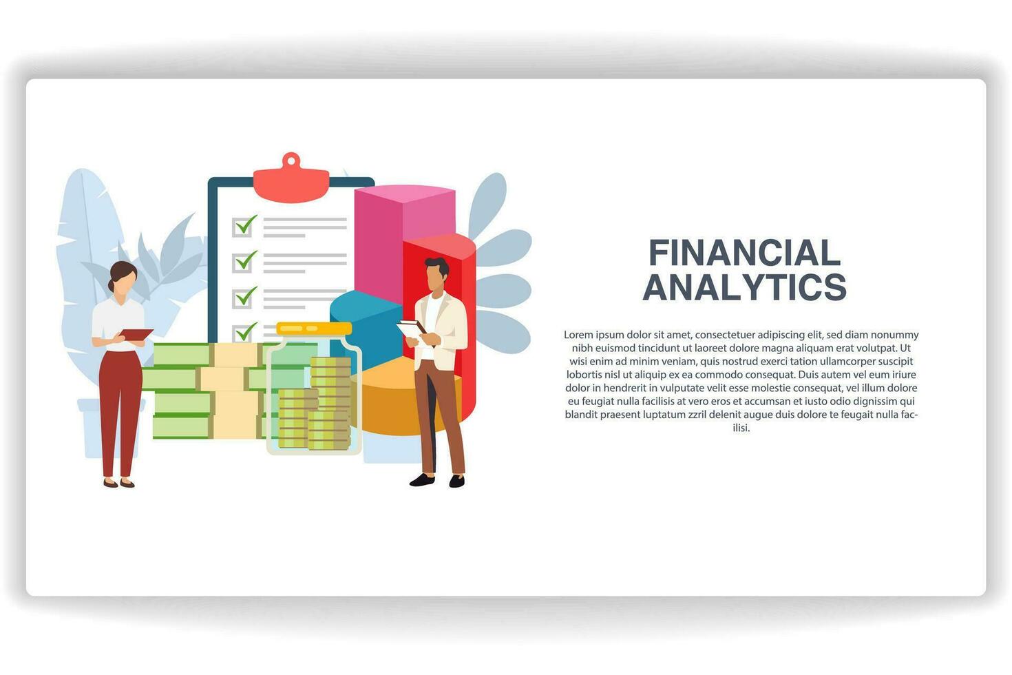 twee mensen zijn analyseren financiën. website bladzijde financieel analyses. modern vlak ontwerp concept van web bladzijde ontwerp voor website en mobiel website vector