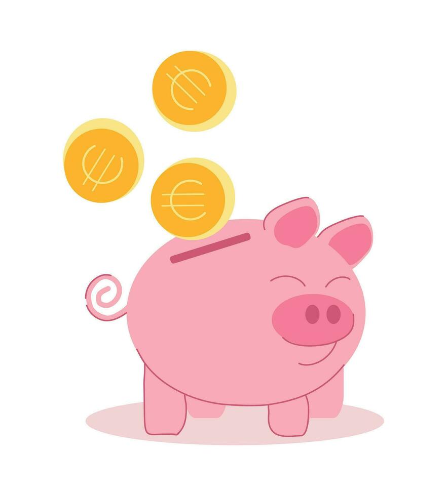 varkentje bank voor geld grappig varken met goud munten met euro teken. vector illustratie, geïsoleerd
