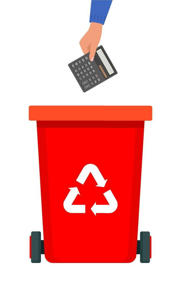 hand- gooit de rekenmachine in de rood bak met recycling symbool voor elektronisch afval. vuilnis sorteren. vector illustratie voor nul afval, milieu bescherming concept.