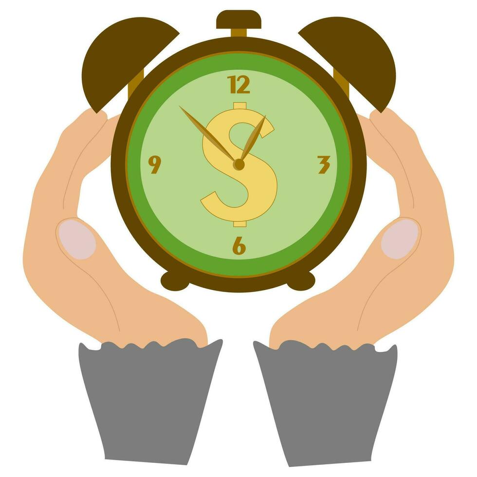 zakenvrouw hand- omgaan met een klok. tijd is geld. vector tijd en financieel beheer illustratie. vlak stijl bedrijf afbeelding. vrouw handen en horloges. timing, planning, ondernemer, ontmoeting.