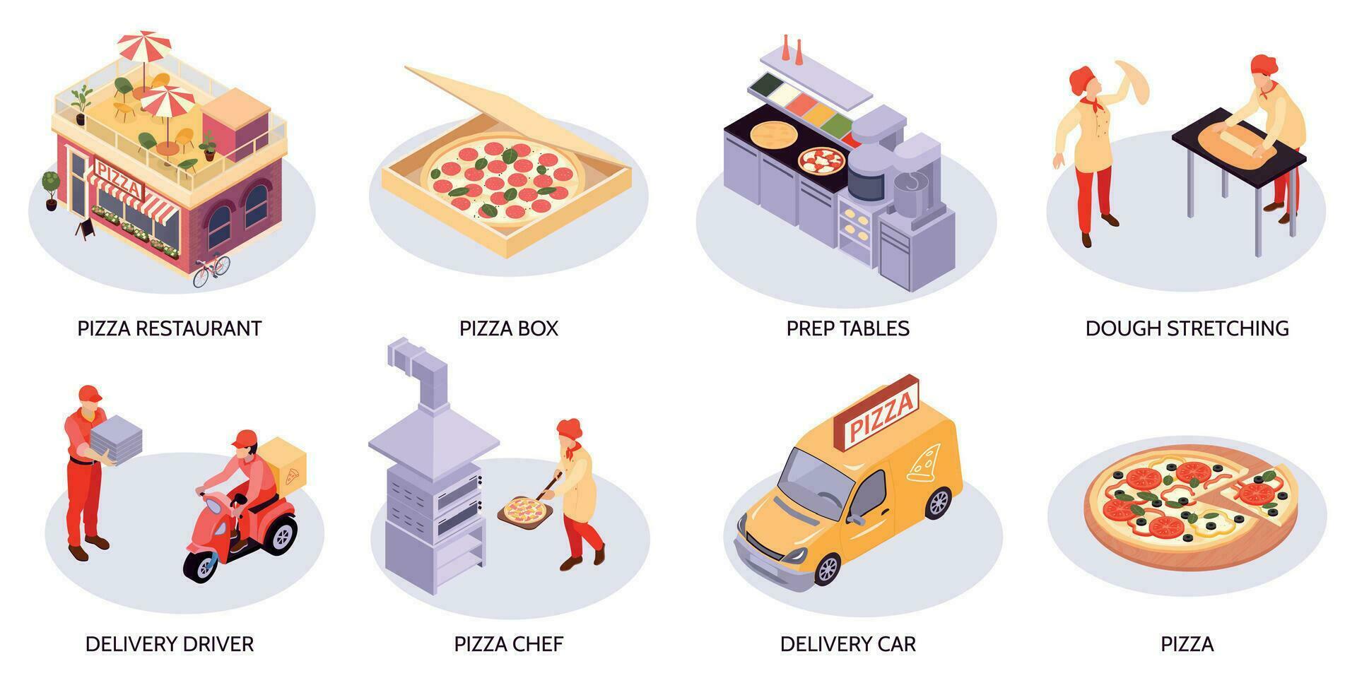 isometrische pizza ronde composities vector