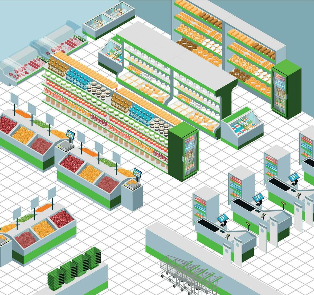 supermarkt interieur isometrische achtergrond vector