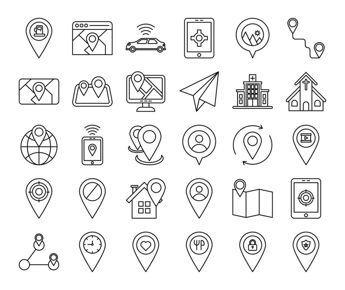 verzameling van pictogrammen over kaarten en navigatie. schets icoon vector