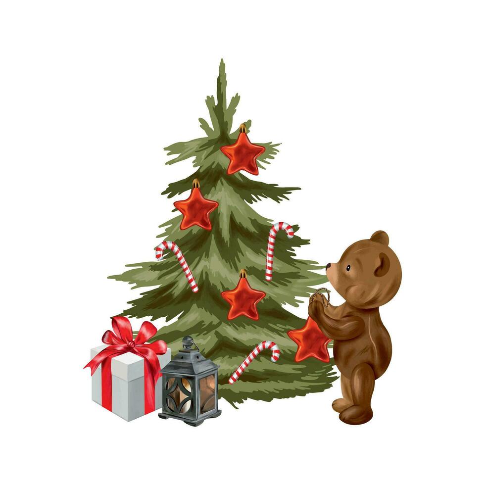 Kerstmis boom versierd met sterren, teddy beer, geschenken, kandelaar. vector illustratie voor nieuw jaar samenstelling. ontwerp element voor groet kaarten, uitnodigingen, themed spandoeken, flyers.
