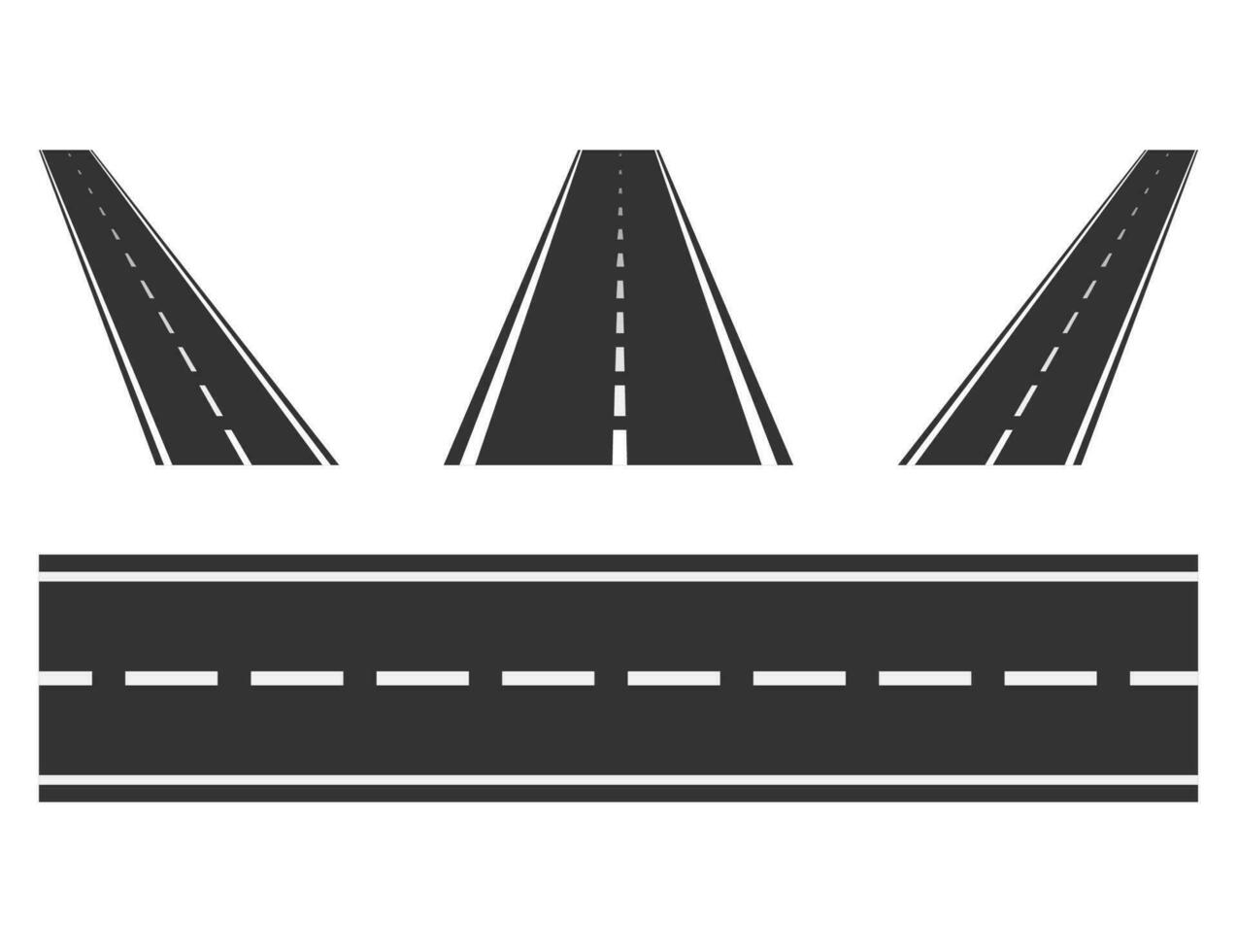 reeks van weg manier van top visie. geïsoleerd asfalt snelweg. Rechtdoor en diagonaal route perspectief. speedway in zwart kleur in vlak ontwerp. rijweg teken voor racing auto's. vector eps 10.