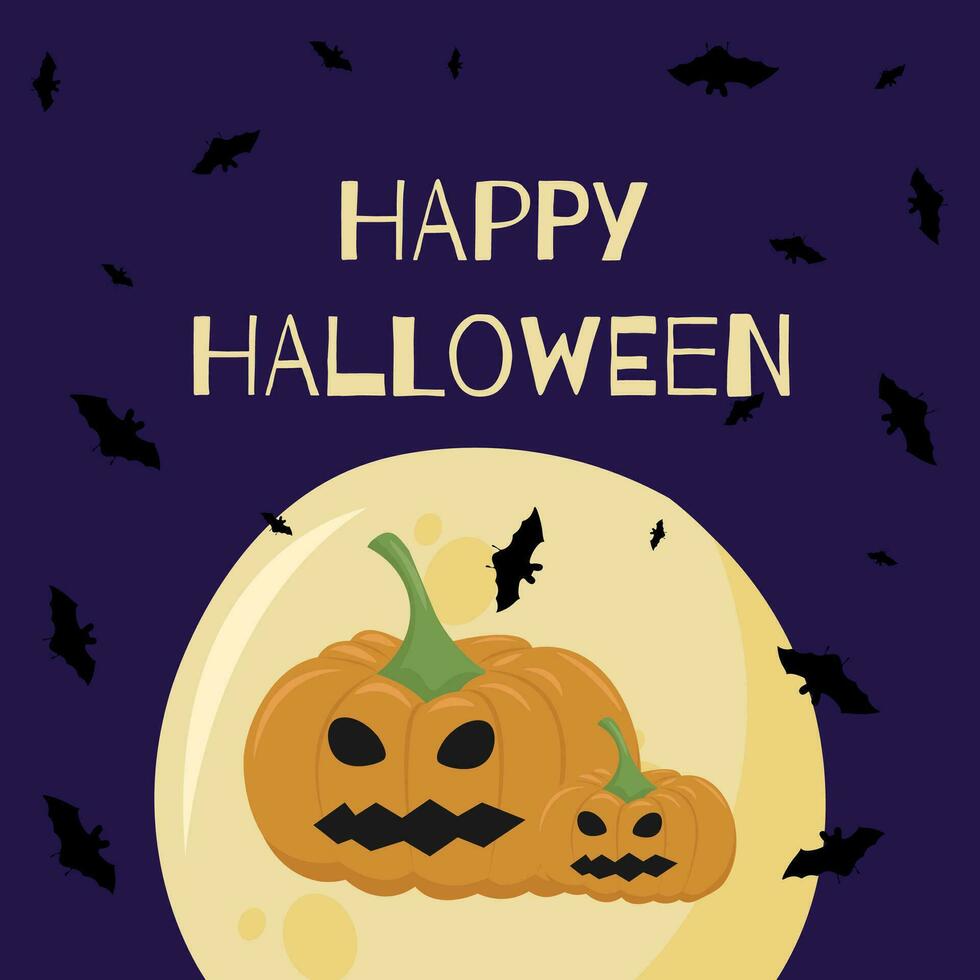 de vector illustratie van gelukkig halloween kan worden gebruikt net zo een banier of een groet kaart. pompoen, vleermuizen, en een maan Aan een paars achtergrond.