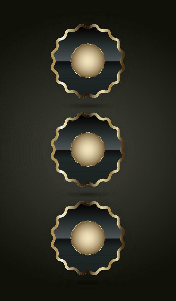 drie premie kwaliteit insigne toetsen vector, illustratie. en luxe cirkels vorm ui knop Aan donker achtergrond vector