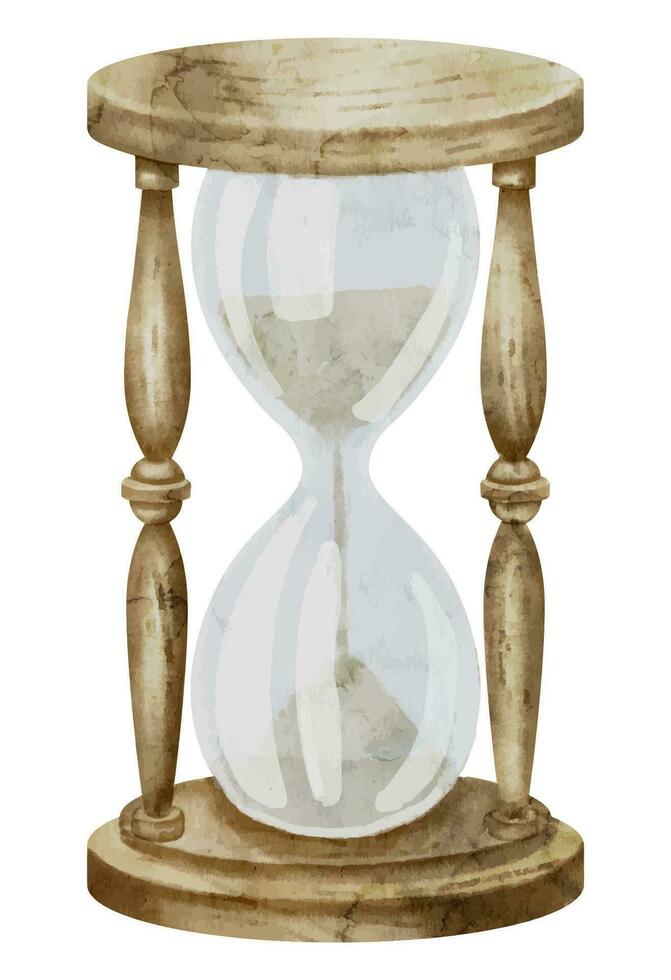 zandloper Aan wit geïsoleerd achtergrond. waterverf illustratie van antiek zandloper. hand- getrokken klem kunst van een wijnoogst zand klok. tekening van retro uur glas. schetsen van oud timer voor countdown vector