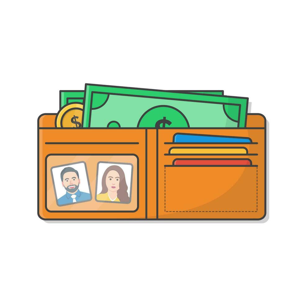 Open portemonnee met contant geld geld, credit kaarten, en foto vector icoon illustratie. bedrijf voorwerp pictogrammen reeks