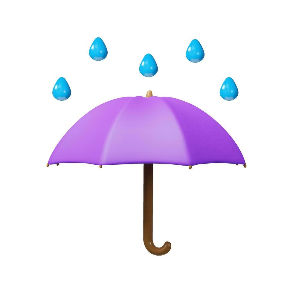 3d geven regenachtig weer icoon paraplu. realistisch parasol en regendruppels. symbool van storm, herfst seizoen. meteorologie weer voorspelling. vector illustratie over bescherming tegen regen