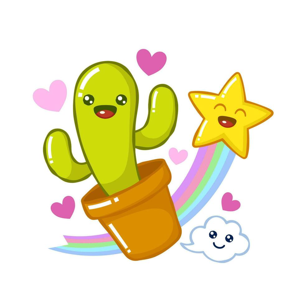 schattig cactus en regenboog ster tekenfilm karakter vector