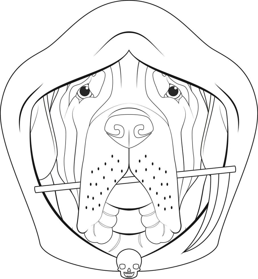 halloween groet kaart voor kleuren. Engels mastiff hond gekleed met zwart kap en een klein zeis in de mond vector