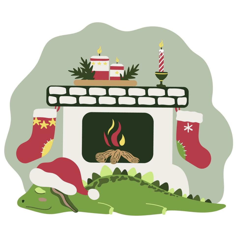 slapen draak in de buurt haard met Kerstmis laarzen en een samenstelling met kaarsen. feestelijk decor. nieuw jaar 2024 vector