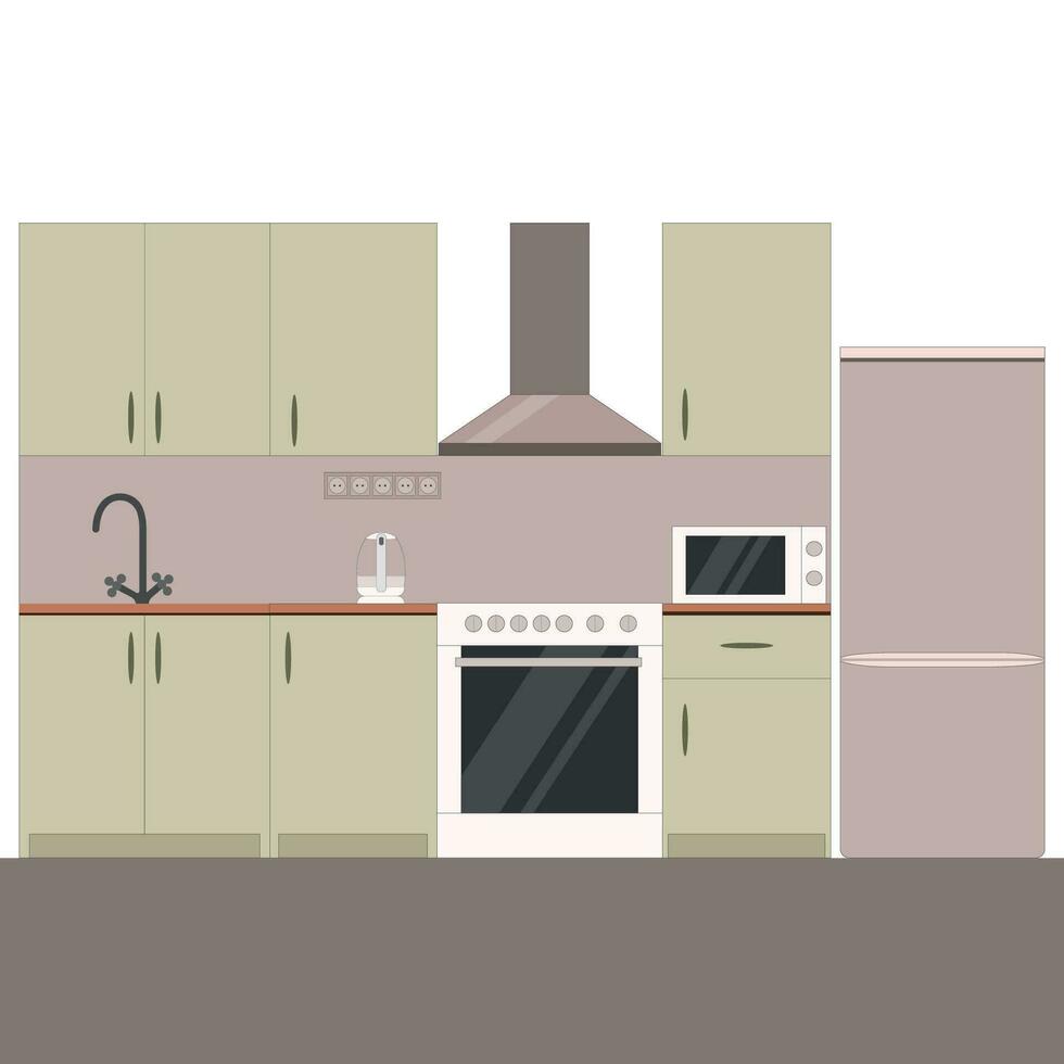 keuken met meubilair knus keuken interieur met fornuis, garderobe, koelkast, magnetronoven vector
