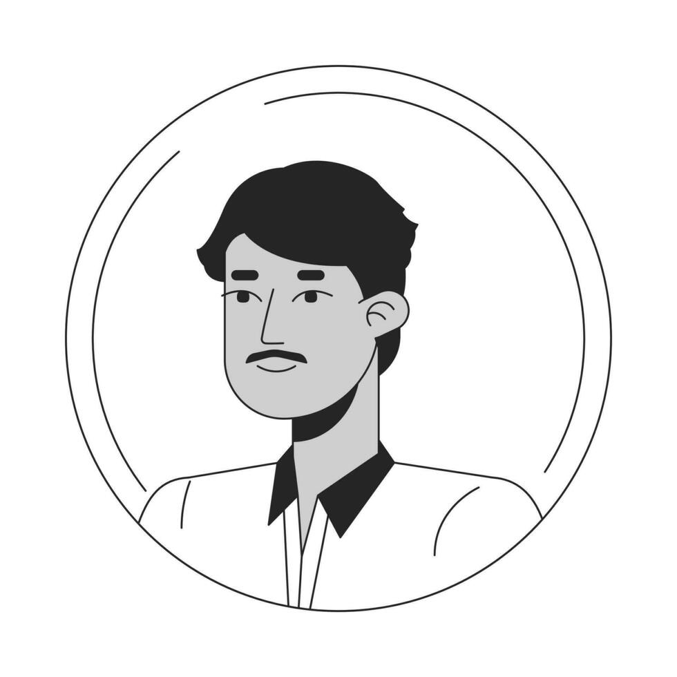 knap Indisch Mens met snor zwart wit tekenfilm avatar icoon. overhemd halsband. bewerkbare 2d karakter gebruiker portret, lineair vlak illustratie. vector gezicht profiel. schets persoon hoofd en schouders