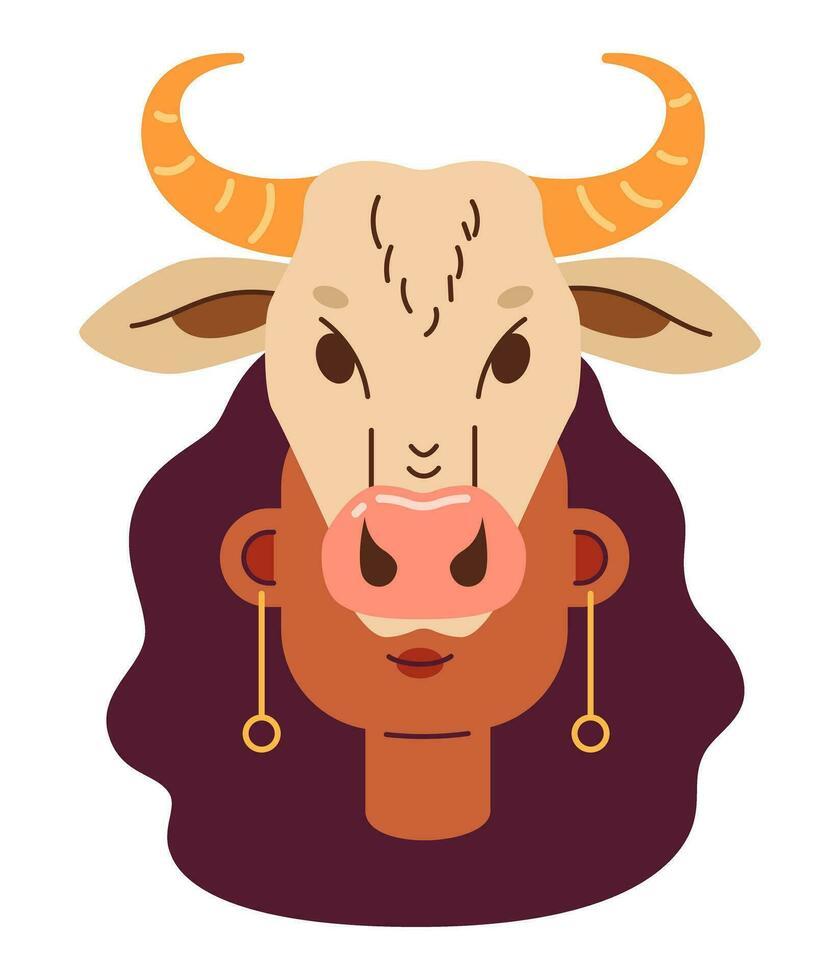 koe schedel Aan vrouw gezicht semi vlak vector karakter hoofd. mysterie dierenriem afro vrouw. bewerkbare tekenfilm avatar icoon. gezicht emotie. kleurrijk plek illustratie voor web grafisch ontwerp, animatie