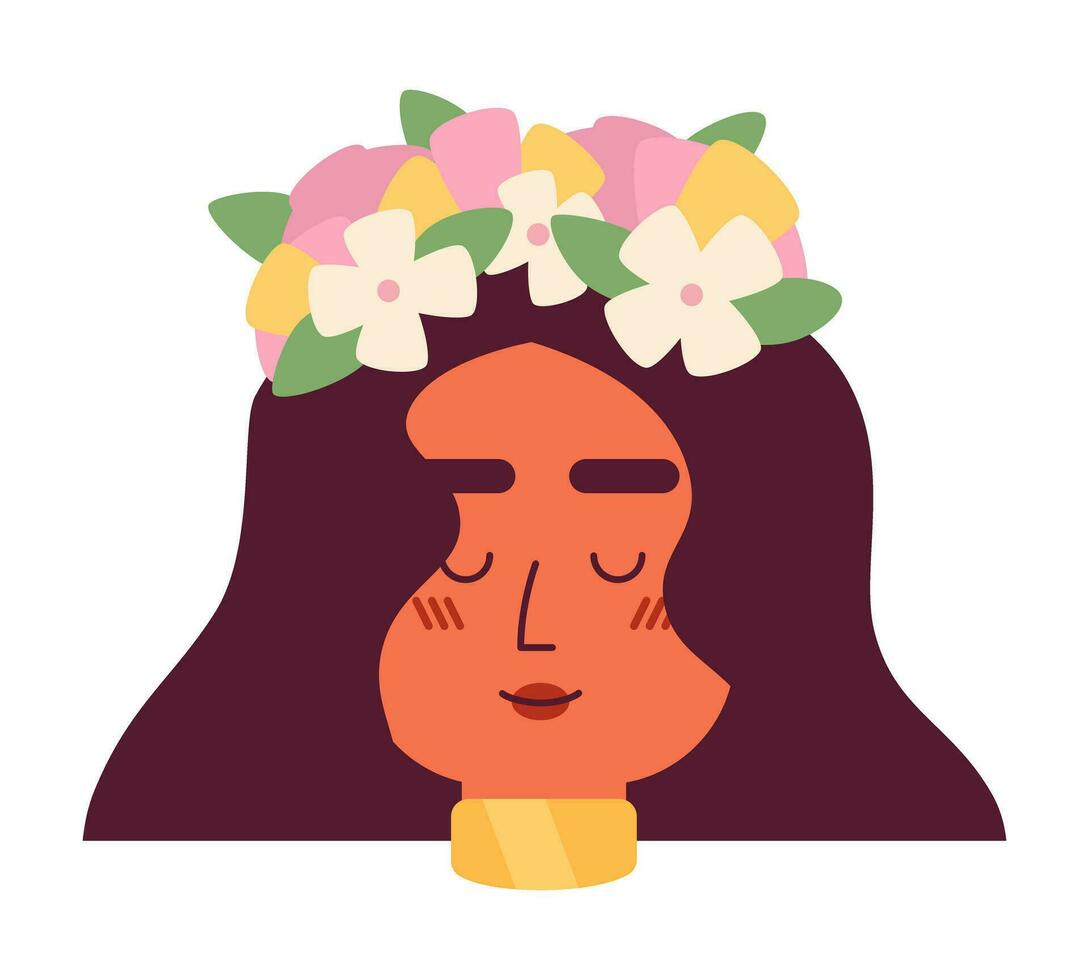 mooi brunette vrouw semi vlak vector karakter hoofd. Gesloten ogen. bewerkbare tekenfilm avatar icoon. gezicht emotie. kleurrijk plek illustratie voor web grafisch ontwerp, animatie