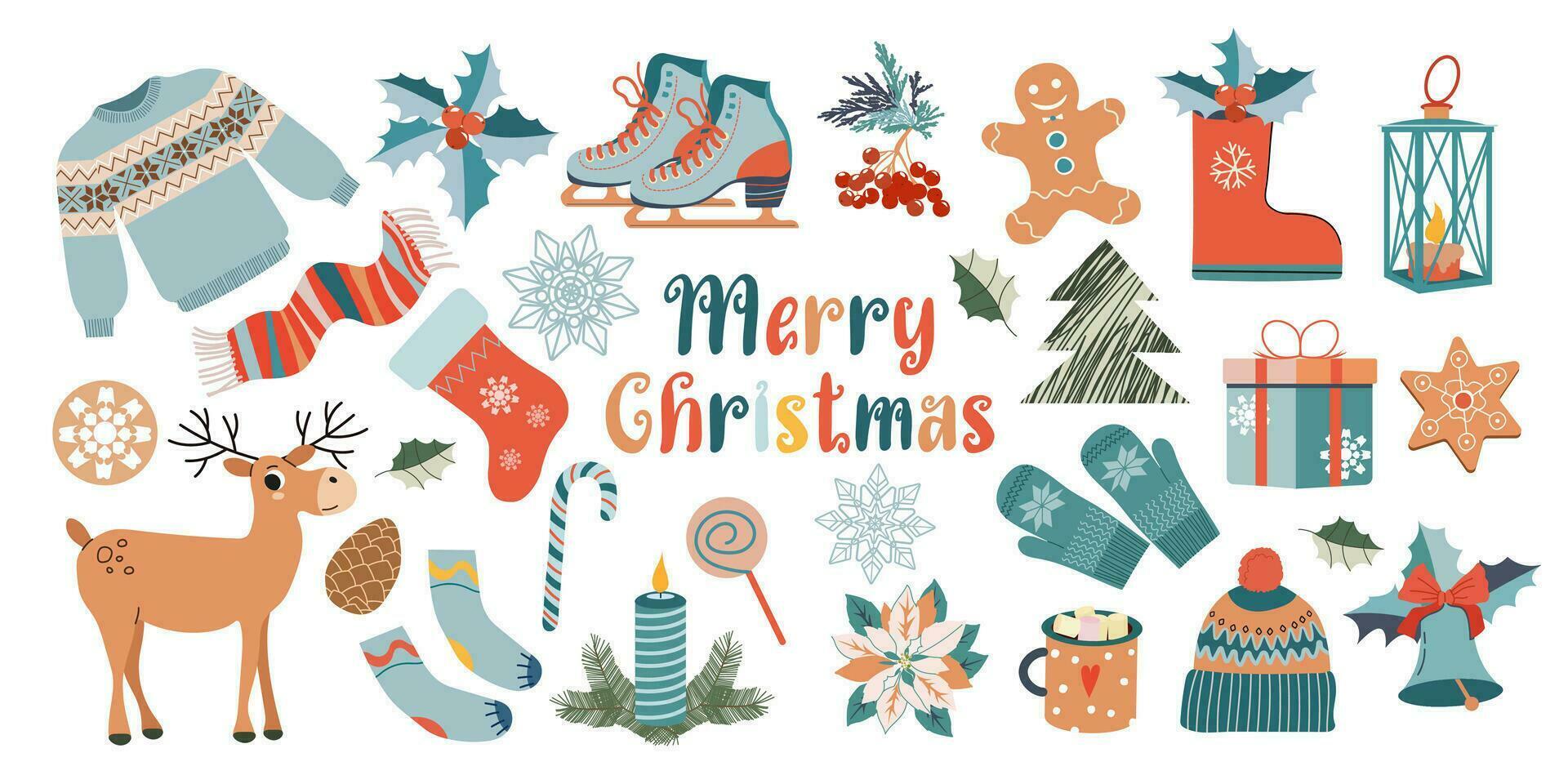 groot Kerstmis reeks van feestelijk symbolen en ontwerp elementen. stickers set. hand- getrokken stijl. vector