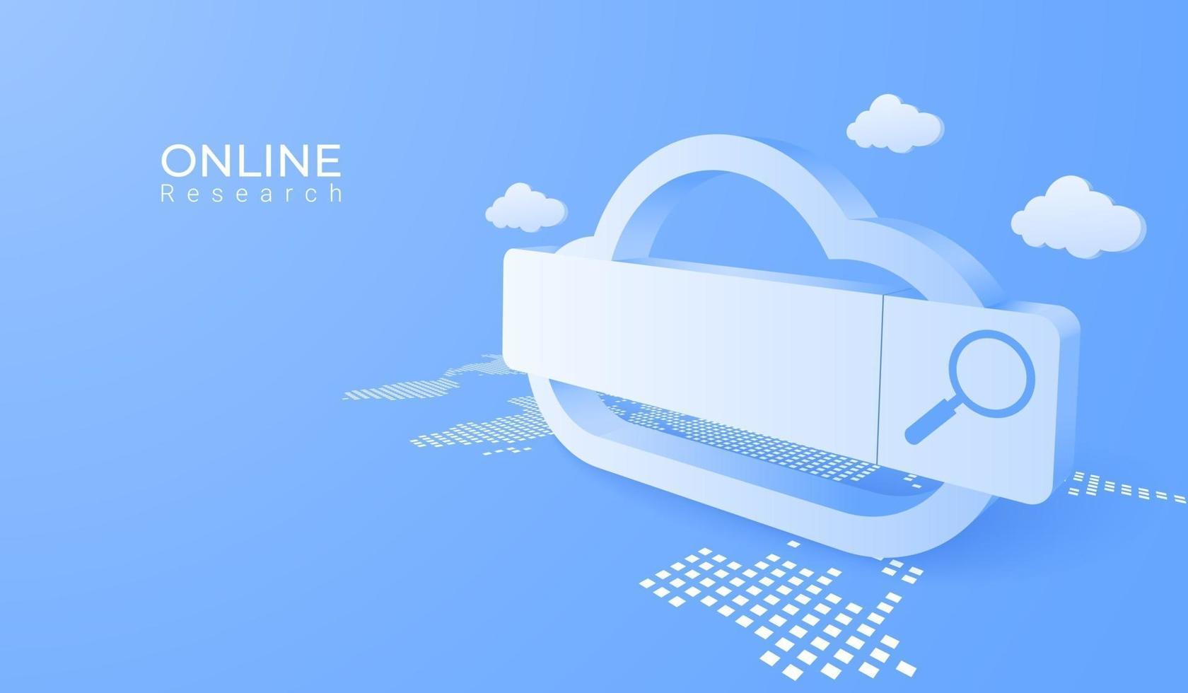 3D digitale cloud computing-technologie achtergrond. online zoekservice met vergrootglas. vector kunst illustratie