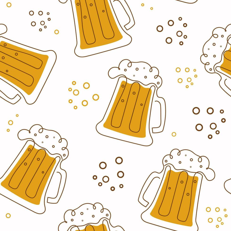 patroon van bier producten, bier in een fles, kan, mok. lijn kunst. hop kegels. dag van bier, festival, vakantie. oktober. vector illustratie, naadloos patroon.
