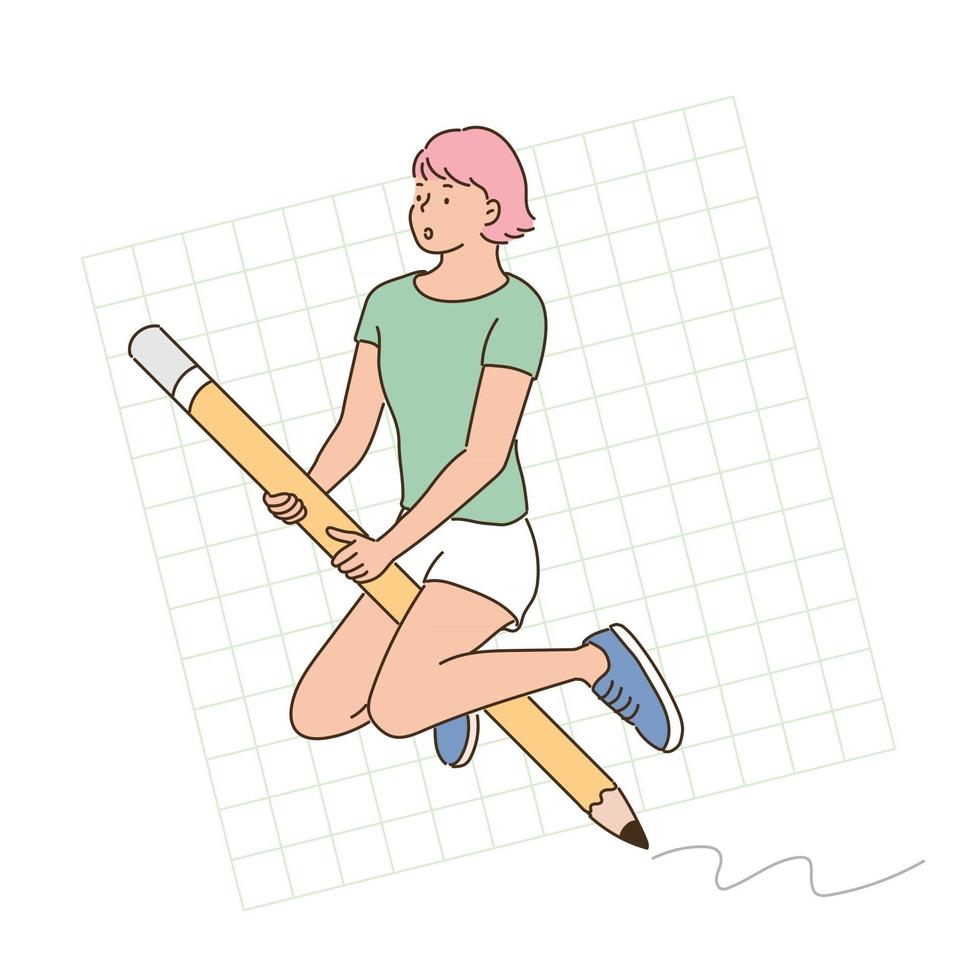 een vrouw rijdt op een groot potlood. handgetekende stijl vectorontwerpillustraties. vector