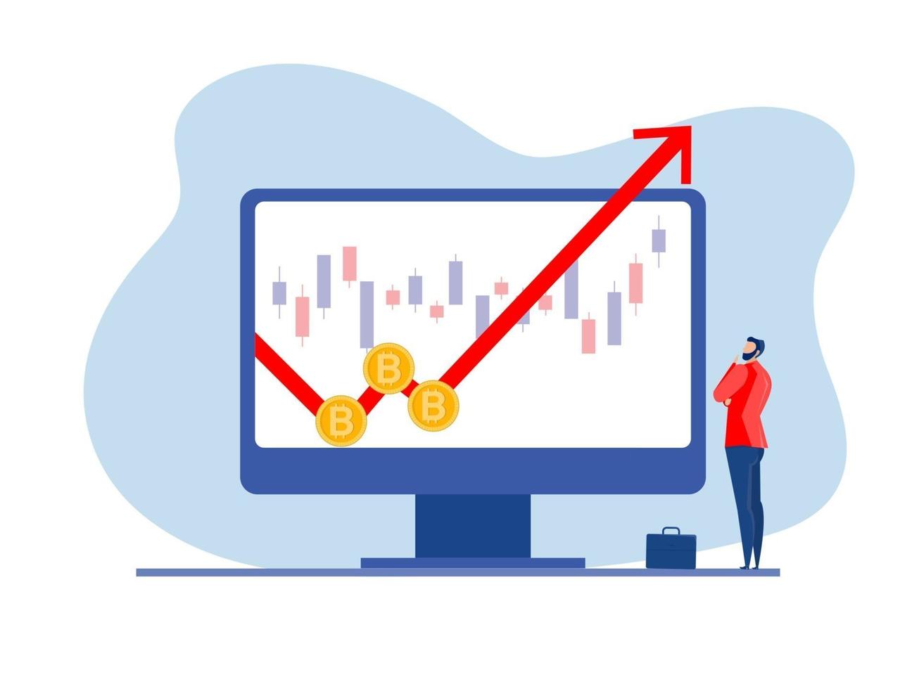 bedrijfsstrategie analyse aandelenmarkt met bitcoin opwaartse groei vector illustrator.