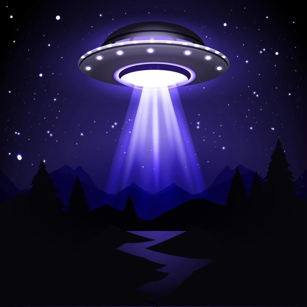 ufo verschijnt 's nachts in het bos vector