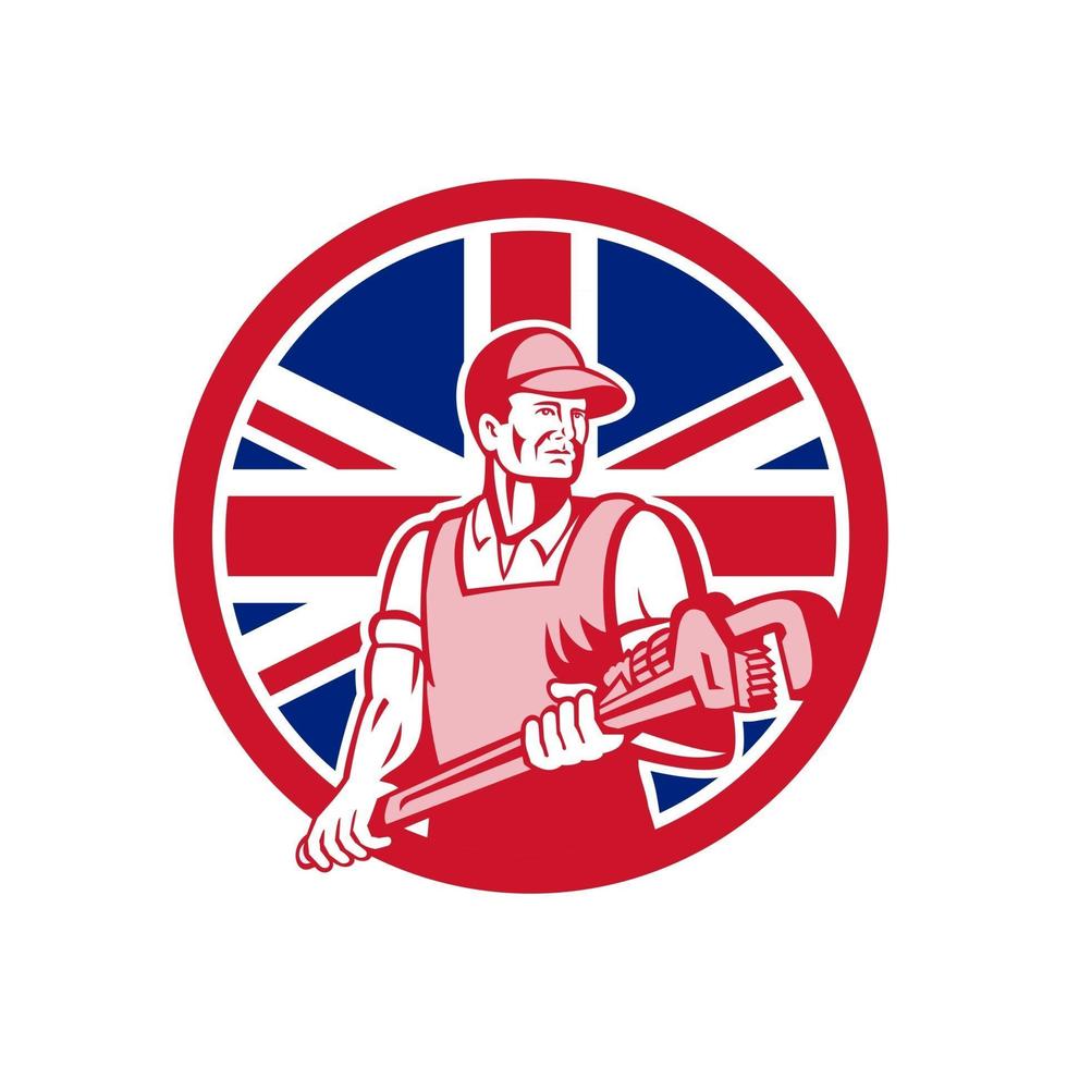 loodgieter met moersleutel met Britse Union Jack vlag mascotte vector kunst union