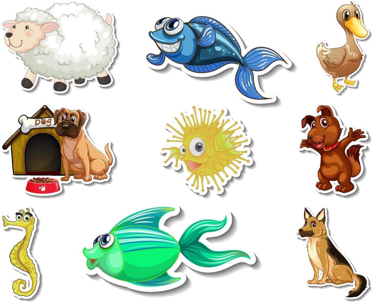 set stickers met zeedieren en honden stripfiguur dogs vector